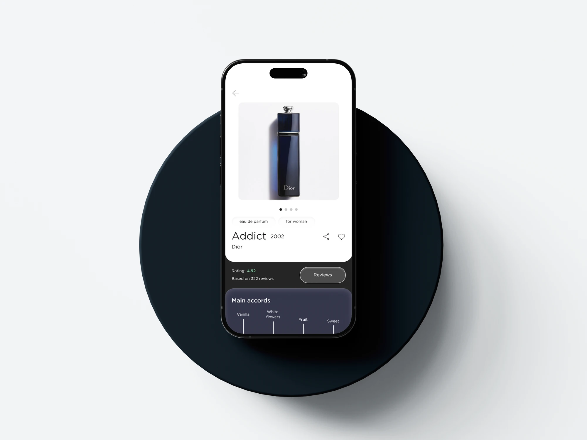 Fragrantica Dior Addict fragrance screen on an iPhone against a dark circular backdrop