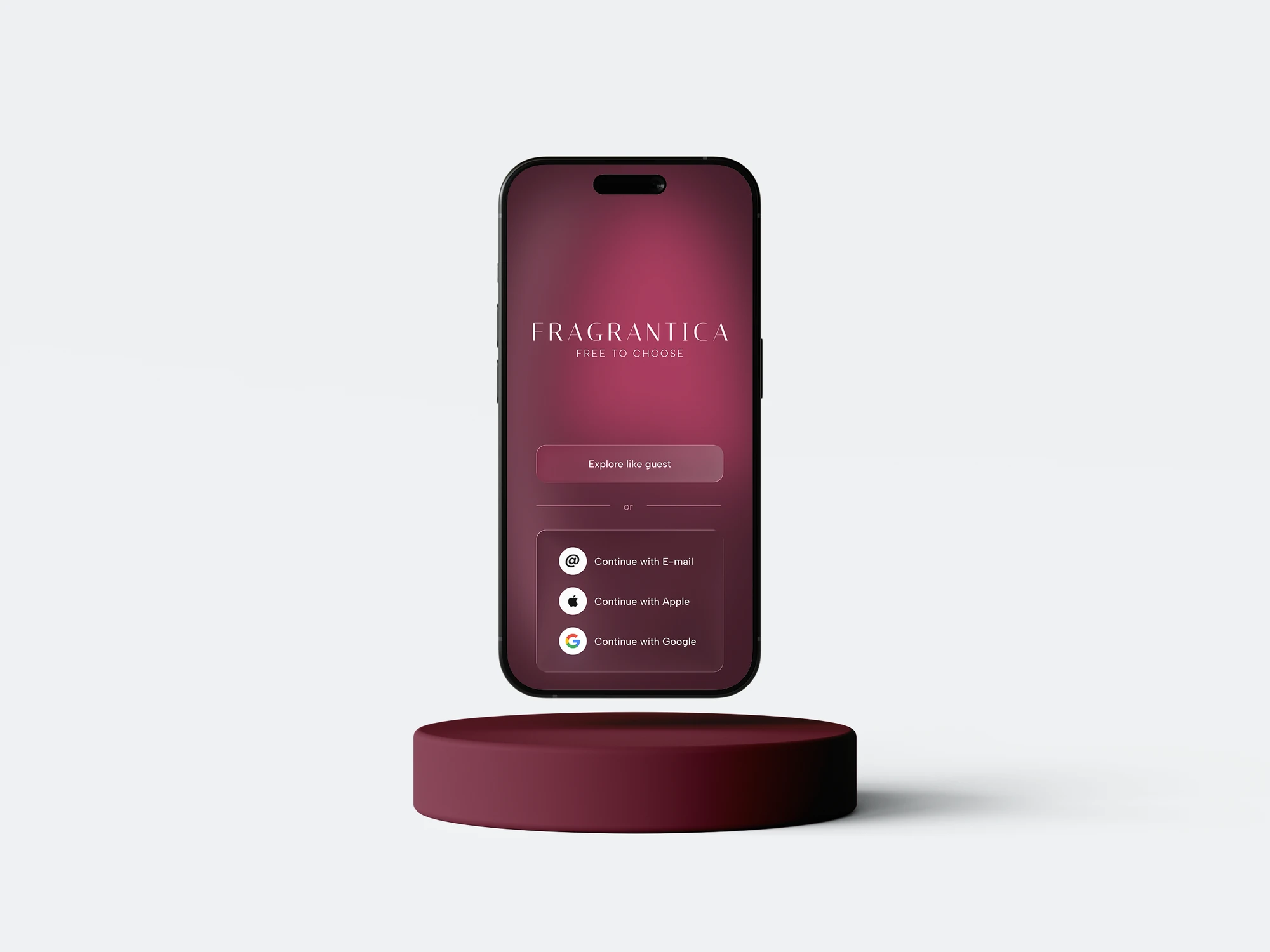 Fragrantica welcome screen on an iPhone above a burgundy podium